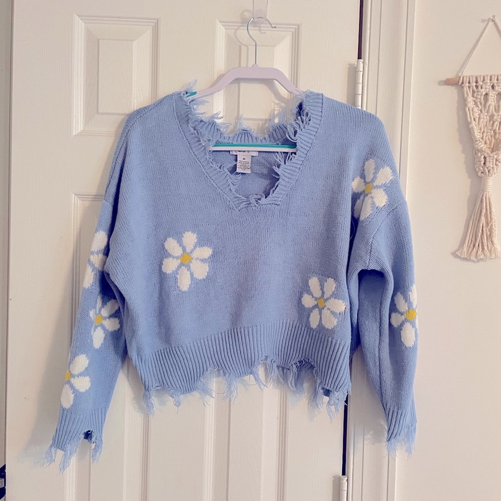 Just Polly Blue Daisy Distressed Sweater